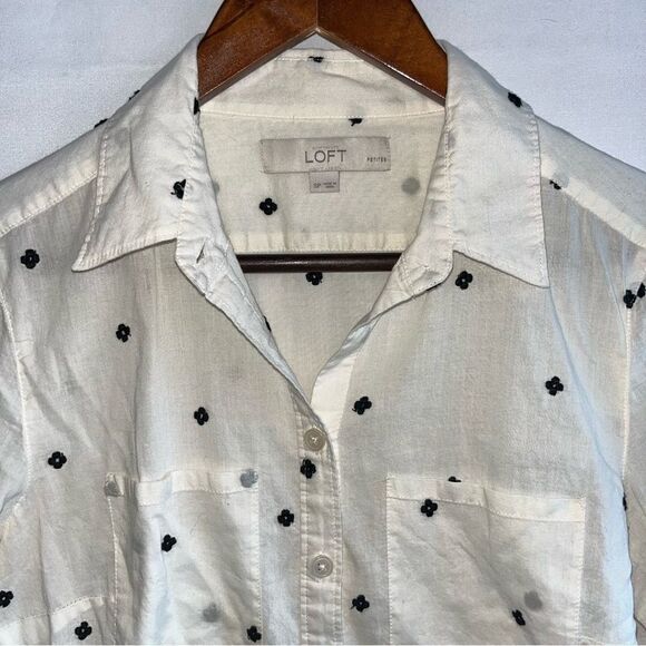 Women's Loft Cream & Black Embroidered Button Down Shirt - Picture 3 of 9